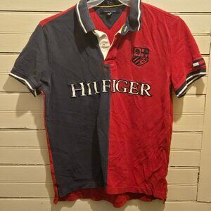 Tommy Hilfiger Polo Mens L Red Navy Split Front Crest Embroidered Short Sleeve